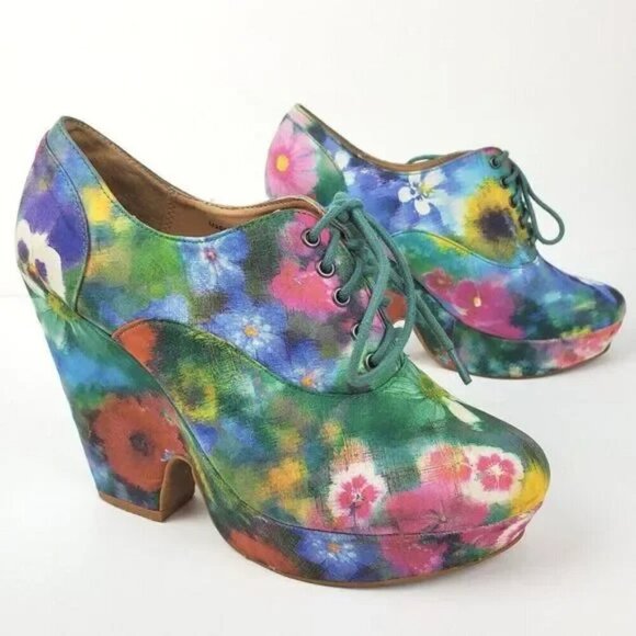 Anthropologie Ecote Wedge Heel Floral Watercolor Platform Lace Up Boho - Picture 2 of 8